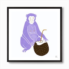 Purple Monkey With Coconut Square Art Print