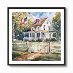 White Farmhouse Watercolor With American Flag ~ Americana Vintage Wholesome Art Decor | Dreamy Idyllic Art Print