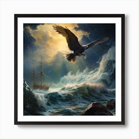 Eagle Flying Over Stormy Sea Art Print