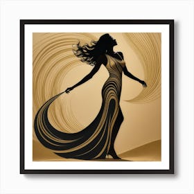 Silhouette Of A Woman In Gold Dress Art Print