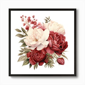 Elegant Red and White Floral Bouquet Wall Art - Peonies and Roses Print Art Print