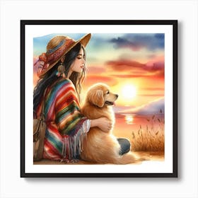 Girl With Dog At Sunset Art Print