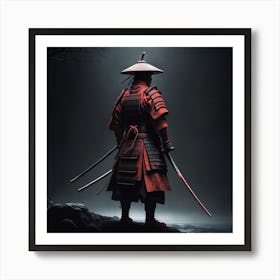 Lonely Japanese Red Samurai Warrior Stand In Dark Art 1 Art Print