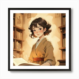 Asian Girl Reading Book Art Print