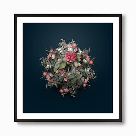 Vintage Pink Francfort Rose Flower Wreath on Teal Blue n.1008 Art Print