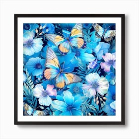 Blue Flowers And Butterflies 4 Art Print