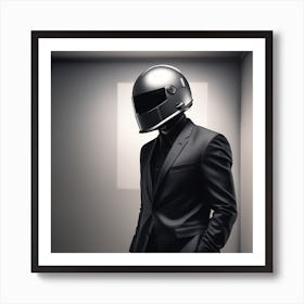 The Image Depicts A Man Wearing A Black And Grey Suit, With A Black Helmet On His Head Art Print