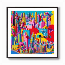 A Surrealist Landscape Of A Cityscape In A Pop Art Style Art Print