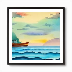 Watercolor Boat On The Sea Art Print