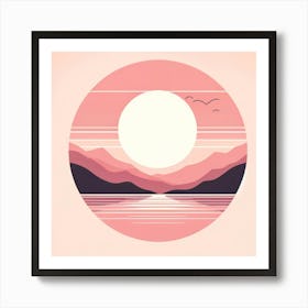 Title: "Blush Horizons: A Dawn of Serenity"  Description: "Blush Horizons" is an art piece that encapsulates the soft warmth of a sunrise over a tranquil sea. The artwork is characterized by its harmonious blend of blush pinks and soothing purples, with the white sun sitting perfectly at the center, casting its reflection upon the water's surface. Horizontal lines add a modern, graphic quality to the piece, suggesting the calm, steady motion of ocean waves and the quiet stillness of the early morning sky. A pair of birds in flight adds a touch of life and movement to the scene. This piece is a celebration of the gentle start of the day, ideal for invoking a sense of calm and contemplation in any space. Art Print