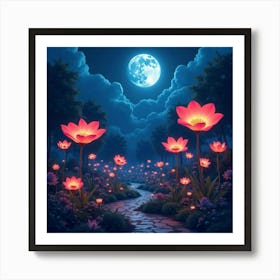 Enchanting Garden With Giant, Bioluminescent Flowers Under A Full Moon 1 Art Print