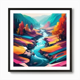 A modern digital painting of a river, with bold, geometric shapes and a vibrant color scheme, showcasing the beauty of technology and nature combined. 3 Art Print