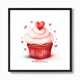 Red Heat Watercolor Cupcake Sweet Valentine Art Print