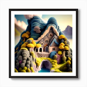 A mountain village consisting of several wooden huts surrounded by mountains 2 Art Print