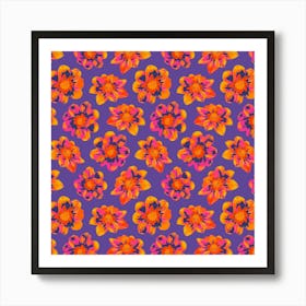 COSMIC COSMOS Multi Abstract Floral Summer Bright Flowers in Fuchsia Pink Orange Yellow on Purple Art Print