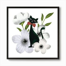 Elegant black cat with white flowers pet artwork Art Print