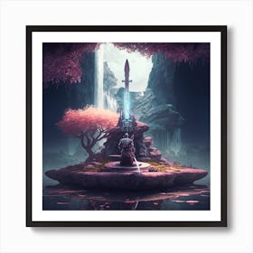 Myeera Giant Medieval Sword In The Stone Cyberpunk Style Ninja Art Print