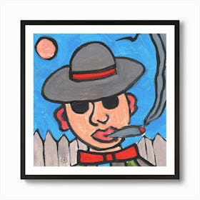 Smoker By The Fence - hand painted man person hat sky face portrait Art Print