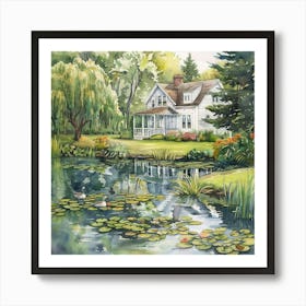 The Water Lily Pond at the Old Farmhouse Watercolor Painting | Americana Nostalgic Idyllic Scenery | Willow Tree and Geese | Home Sweet Home Art Print