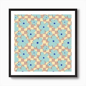 Baby Blue Floral with Taupe Checkers  70's Vibes Art Print