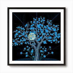 Blue Tree With Flowers Art Print