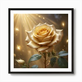 A Golden Rose Blooming In The Air Its Petals Art Print