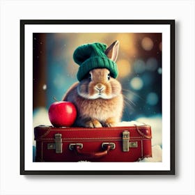 Firefly Cute Rabbit Sitting On Vintage Suitcase; Winter Season; Red Apple And Green Hat 73647 Art Print