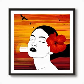 Sunset Woman With Red Flower Art Print