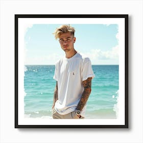 Justin Bieber In A Casual Pose, Watercolor Backdrop Of A Calm Ocean Art Print