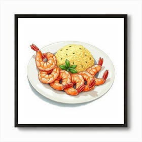 A Charming Watercolor Image Of A Plate Of Tender And Juicy Grilled Shrimp With A Side Of Garlic Rice Art Print