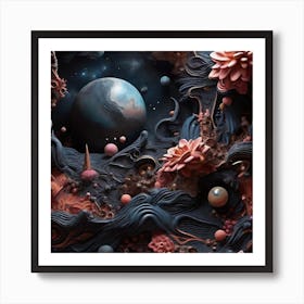 Dreamy cosmic scene with dark colors and surreal elements, Art Print