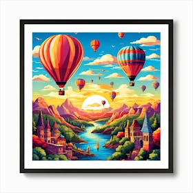 Hot Air Balloons In The Sky, Hot Air Balloon Adventures A Whimsical Pattern With Colorful Hot Air Balloons Floating Over Landmark 2 Art Print