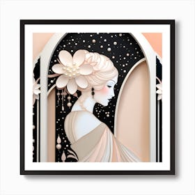 Deco Woman silhouette Japanese Textured Monohromatic Art Print