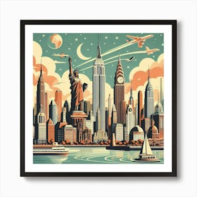 Vintage Travel Poster Depicting A Mid Century City Skyline With Iconic Landmarks, Style Retro Travel Poster 1 Art Print