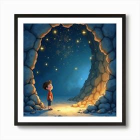 Little Boy Looking At Stars In The Cave Art Print