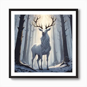 A White Stag In A Fog Forest In Minimalist Style Square Composition 52 Art Print