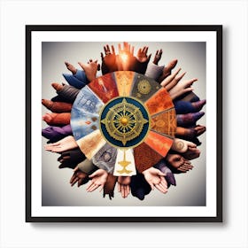 The Image Portrays A Diverse Group Of Hands Holding Symbols Representing Different Religions And Beliefs, Arranged In A Circle To Promote Unity And Understanding Art Print