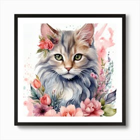 Cat With Flowers Art Print