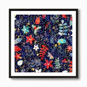 Festive Floral Pattern Christmas Blue Floral Flower Art Print