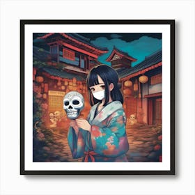 Japanese Girl Holding Skull Art Print