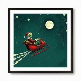 Green Alien Santa in Red Sleigh - Illustration Art Print