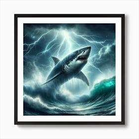 A Gigantic Great White Shark Leaps Out of the Stormy Sea with Lightning Crashing All Around Art Print