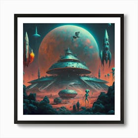 A Retro Sci Fi Space Station With Rockets And Aliens Art Print