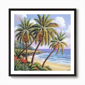 Three palm trees on the sea coast Art Print