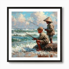 Two Boys Fishing On The Beach Art Print