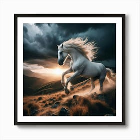 White Horse Running In The Mountains Art Print