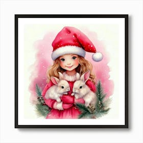 Firefly Christmas, Bunnies, Santa, Hat, Pastel, Watercolor, Pink, Dresses, Cute, Festive, Holiday, W (1) Art Print