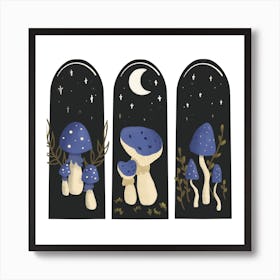 Blue Mushrooms In The Night Art Print