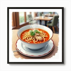 Watercolor Depiction Of A Classic And Flavorful Chicken Noodle Soup On A Stylish Restaurant Table Art Print