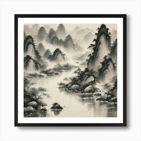 A traditional Chinese ink painting of a river, with delicate brushstrokes and a monochromatic color scheme, capturing the essence of nature and the flow of life. 1 Art Print